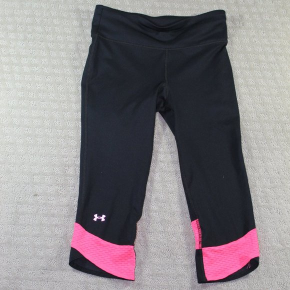 Under Armour Size Small Black and Neon Peach Cropped Yoga Pants - Picture 1 of 4